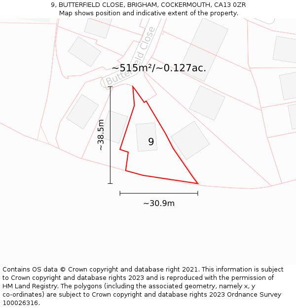 9, BUTTERFIELD CLOSE, BRIGHAM, COCKERMOUTH, CA13 0ZR: Plot and title map