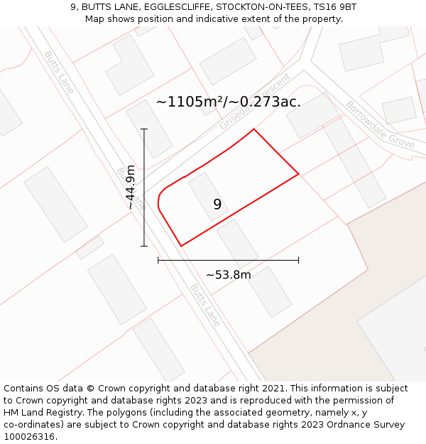 9, BUTTS LANE, EGGLESCLIFFE, STOCKTON-ON-TEES, TS16 9BT: Plot and title map