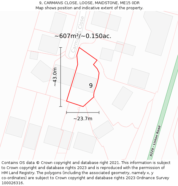 9, CARMANS CLOSE, LOOSE, MAIDSTONE, ME15 0DR: Plot and title map