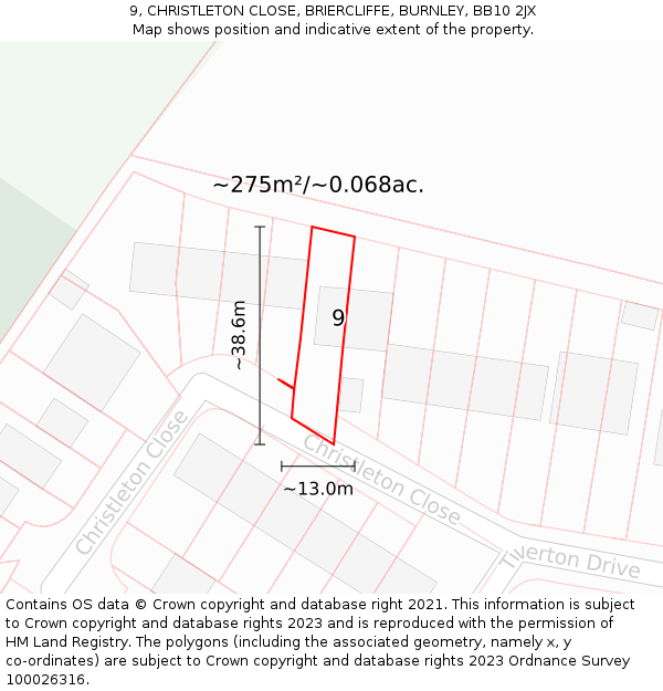 9, CHRISTLETON CLOSE, BRIERCLIFFE, BURNLEY, BB10 2JX: Plot and title map