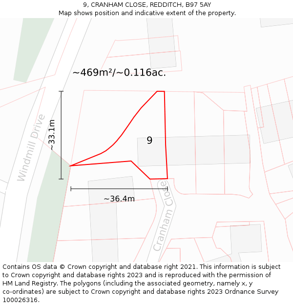 9, CRANHAM CLOSE, REDDITCH, B97 5AY: Plot and title map