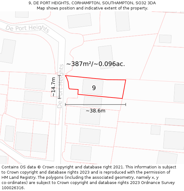 9, DE PORT HEIGHTS, CORHAMPTON, SOUTHAMPTON, SO32 3DA: Plot and title map
