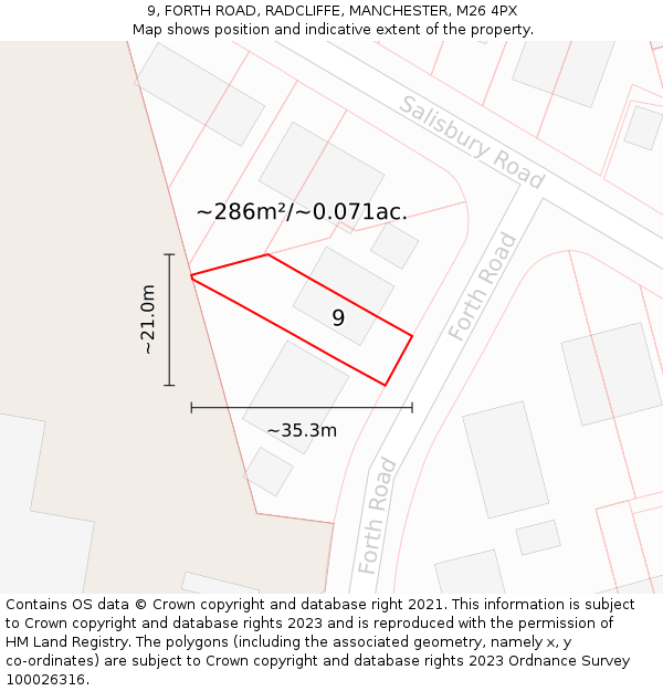 9, FORTH ROAD, RADCLIFFE, MANCHESTER, M26 4PX: Plot and title map