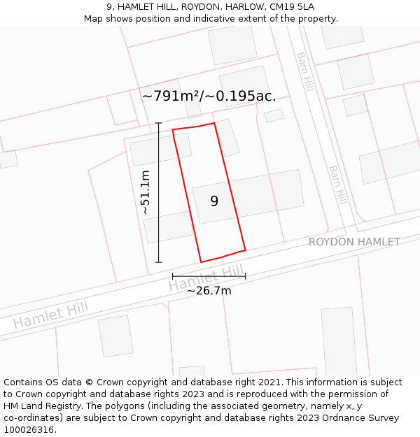 9, HAMLET HILL, ROYDON, HARLOW, CM19 5LA: Plot and title map