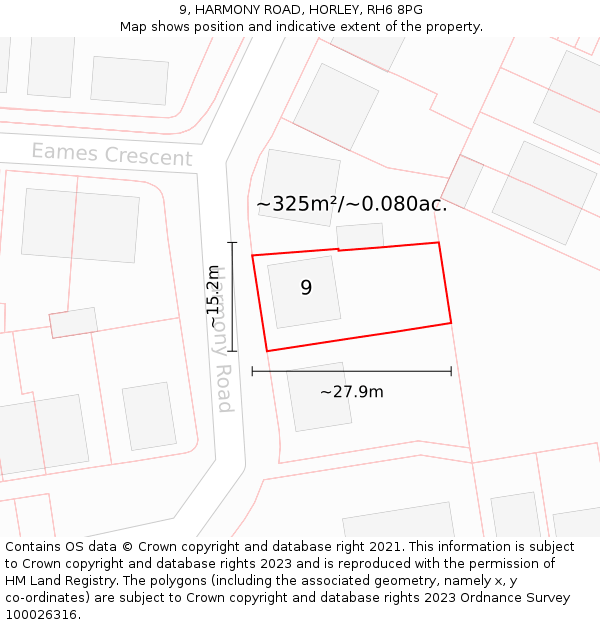 9, HARMONY ROAD, HORLEY, RH6 8PG: Plot and title map