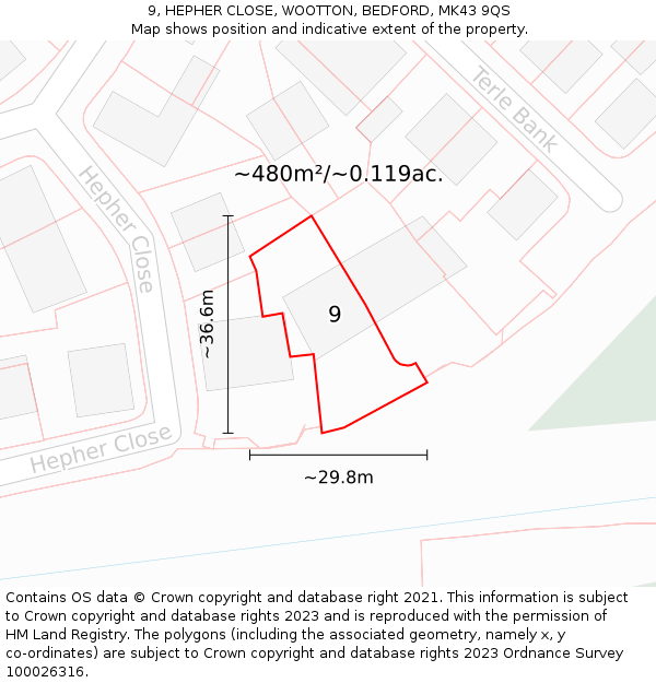 9, HEPHER CLOSE, WOOTTON, BEDFORD, MK43 9QS: Plot and title map