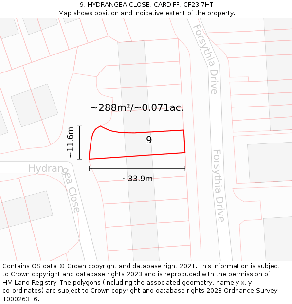 9, HYDRANGEA CLOSE, CARDIFF, CF23 7HT: Plot and title map