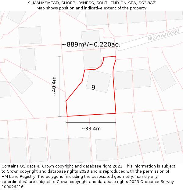 9, MALMSMEAD, SHOEBURYNESS, SOUTHEND-ON-SEA, SS3 8AZ: Plot and title map