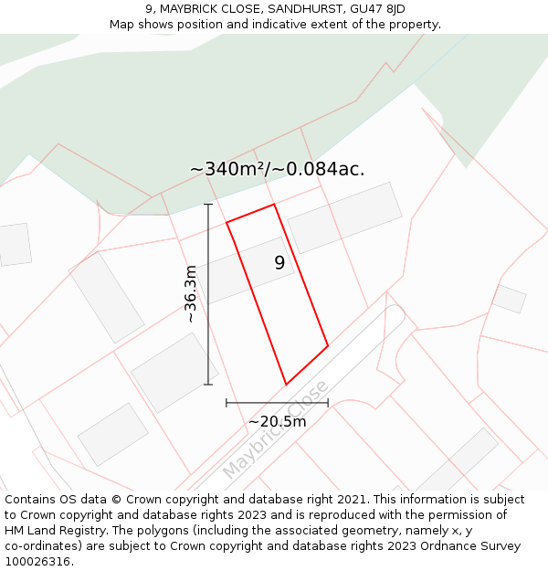 9, MAYBRICK CLOSE, SANDHURST, GU47 8JD: Plot and title map