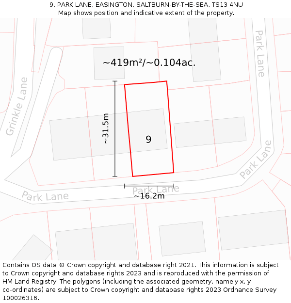 9, PARK LANE, EASINGTON, SALTBURN-BY-THE-SEA, TS13 4NU: Plot and title map