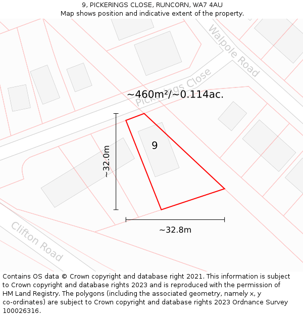9, PICKERINGS CLOSE, RUNCORN, WA7 4AU: Plot and title map