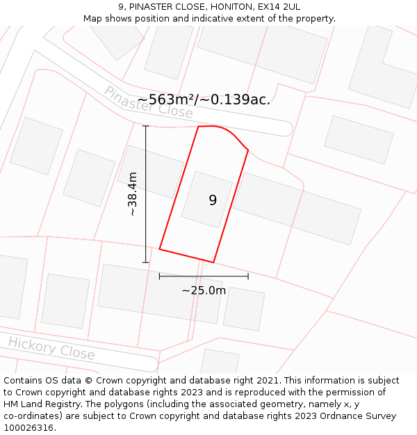9, PINASTER CLOSE, HONITON, EX14 2UL: Plot and title map