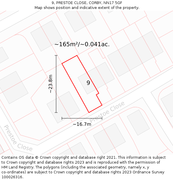 9, PRESTOE CLOSE, CORBY, NN17 5GF: Plot and title map
