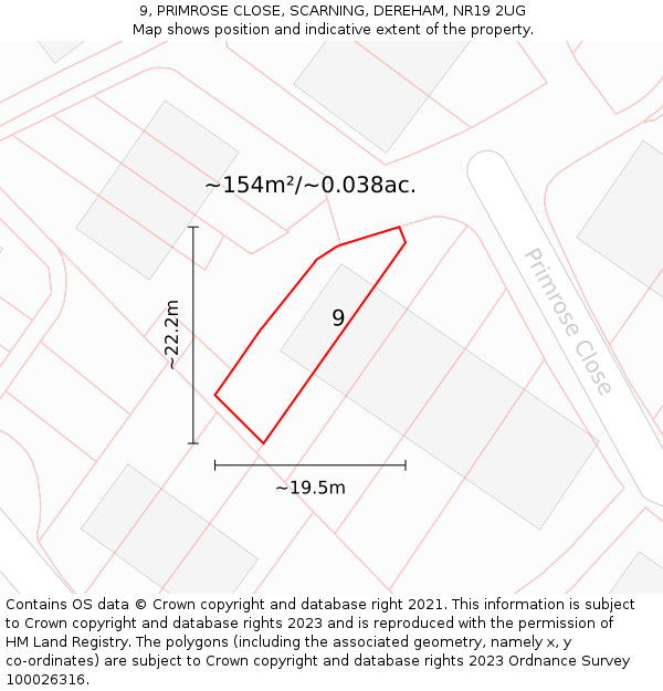 9, PRIMROSE CLOSE, SCARNING, DEREHAM, NR19 2UG: Plot and title map