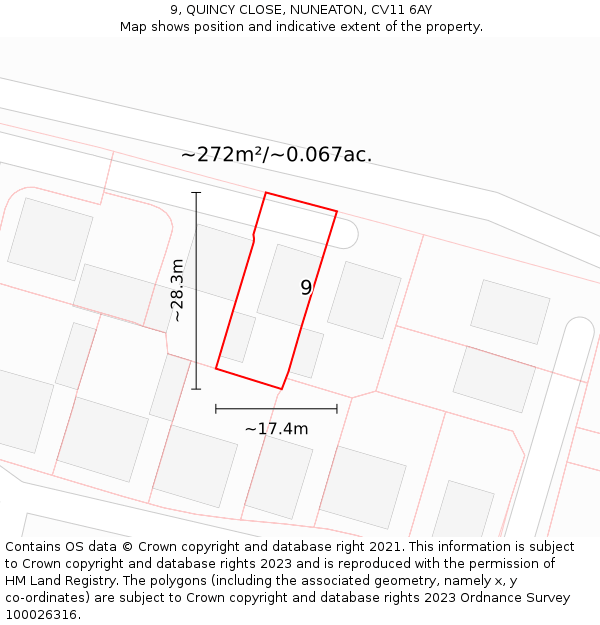 9, QUINCY CLOSE, NUNEATON, CV11 6AY: Plot and title map