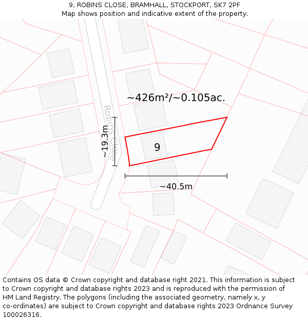 9, ROBINS CLOSE, BRAMHALL, STOCKPORT, SK7 2PF: Plot and title map
