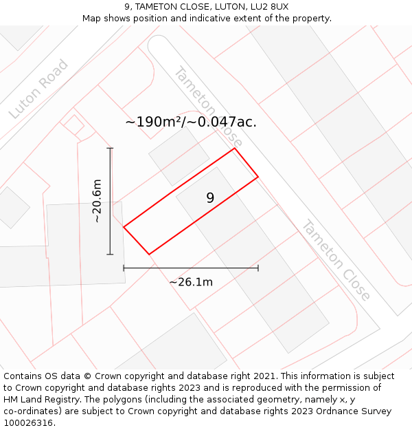 9, TAMETON CLOSE, LUTON, LU2 8UX: Plot and title map