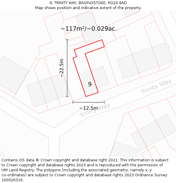 9, TRINITY WAY, BASINGSTOKE, RG24 9AD: Plot and title map