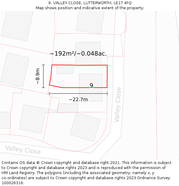 9, VALLEY CLOSE, LUTTERWORTH, LE17 4FQ: Plot and title map