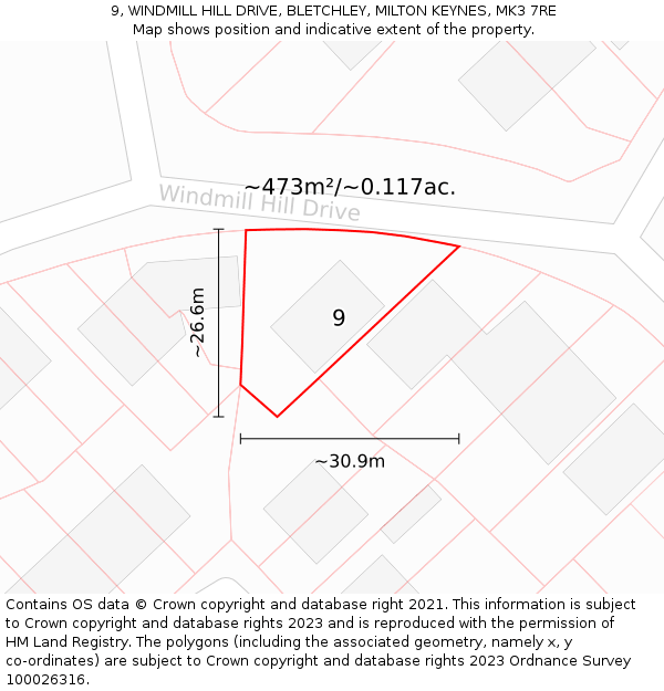 9, WINDMILL HILL DRIVE, BLETCHLEY, MILTON KEYNES, MK3 7RE: Plot and title map