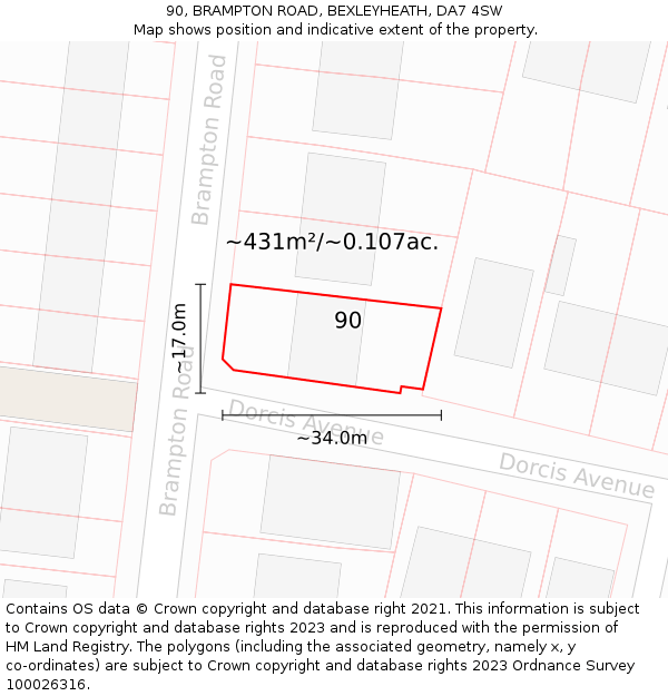 90, BRAMPTON ROAD, BEXLEYHEATH, DA7 4SW: Plot and title map