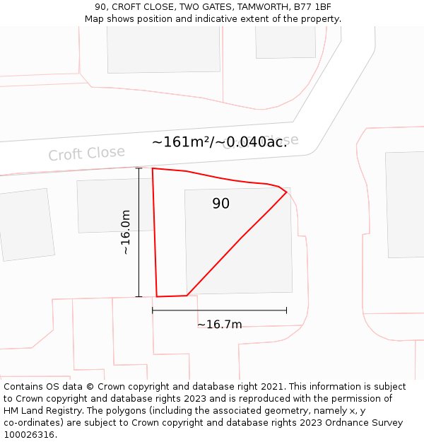 90, CROFT CLOSE, TWO GATES, TAMWORTH, B77 1BF: Plot and title map