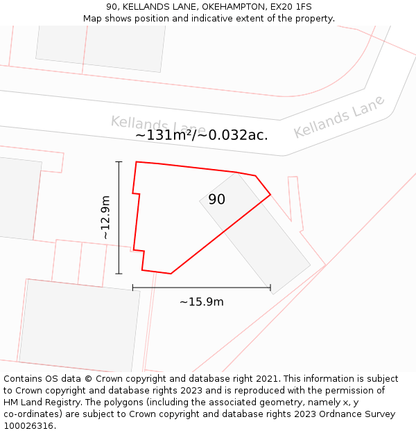 90, KELLANDS LANE, OKEHAMPTON, EX20 1FS: Plot and title map
