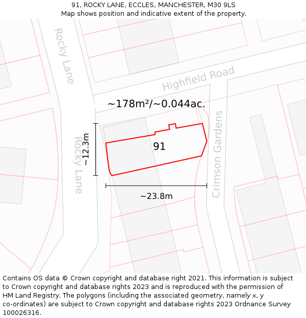 91, ROCKY LANE, ECCLES, MANCHESTER, M30 9LS: Plot and title map