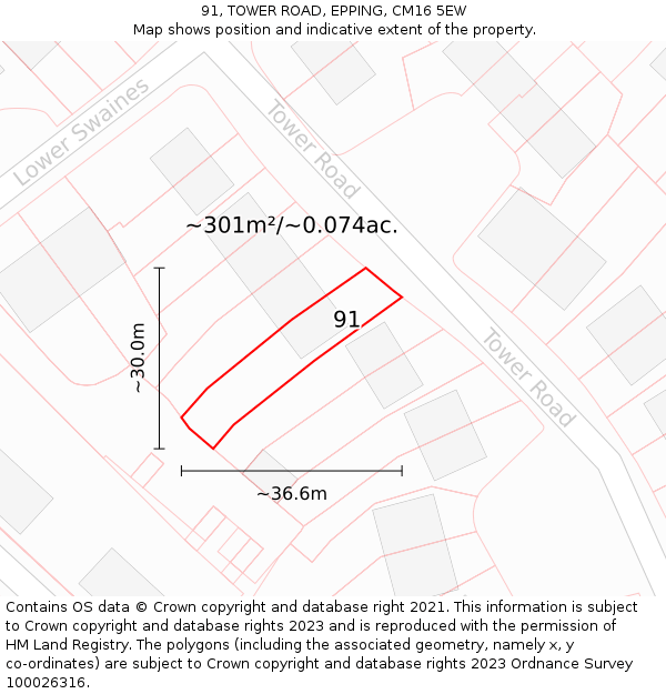 91, TOWER ROAD, EPPING, CM16 5EW: Plot and title map