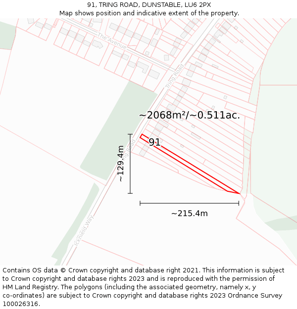 91, TRING ROAD, DUNSTABLE, LU6 2PX: Plot and title map