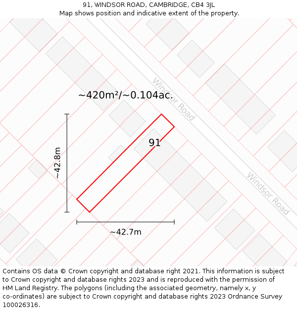 91, WINDSOR ROAD, CAMBRIDGE, CB4 3JL: Plot and title map