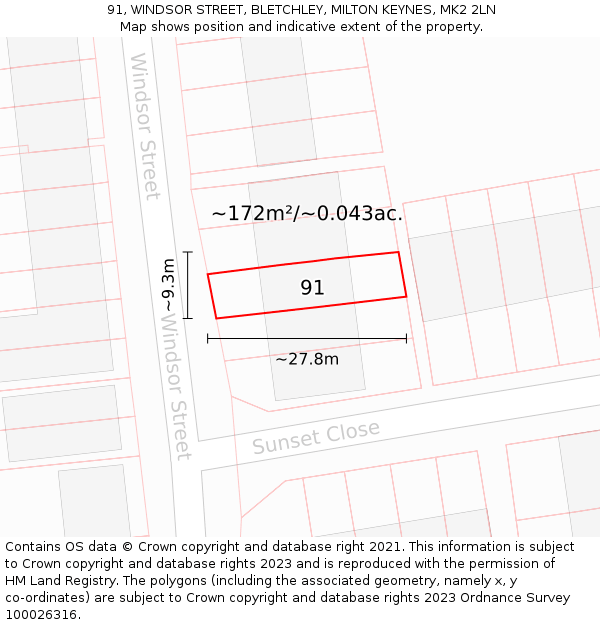 91, WINDSOR STREET, BLETCHLEY, MILTON KEYNES, MK2 2LN: Plot and title map