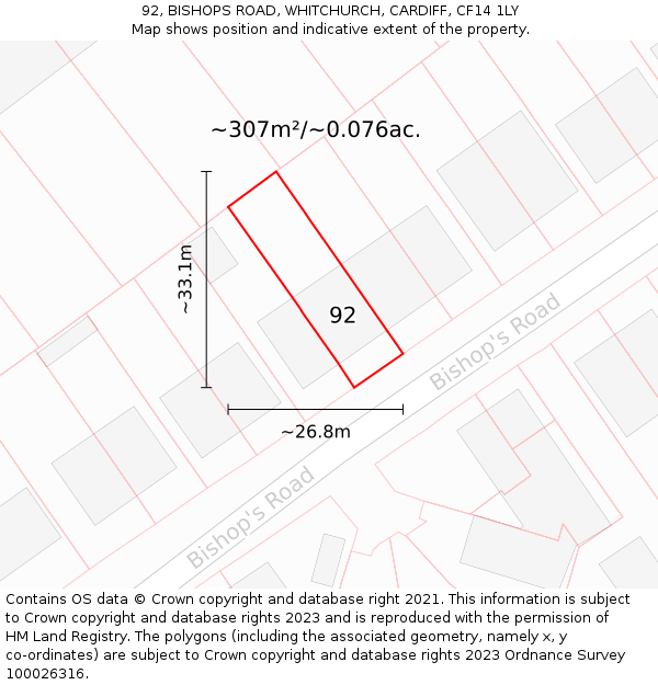 92, BISHOPS ROAD, WHITCHURCH, CARDIFF, CF14 1LY: Plot and title map