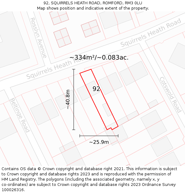92, SQUIRRELS HEATH ROAD, ROMFORD, RM3 0LU: Plot and title map