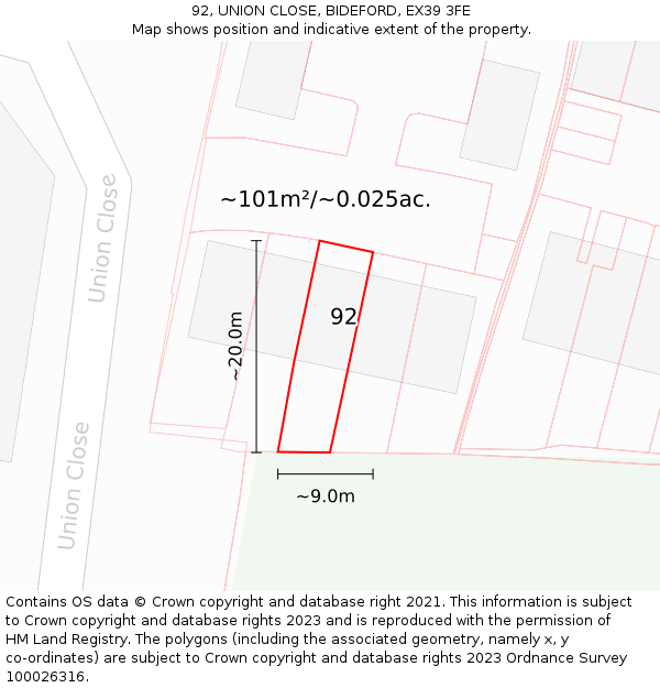 92, UNION CLOSE, BIDEFORD, EX39 3FE: Plot and title map