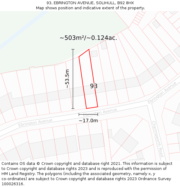 93, EBRINGTON AVENUE, SOLIHULL, B92 8HX: Plot and title map