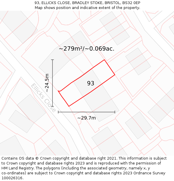 93, ELLICKS CLOSE, BRADLEY STOKE, BRISTOL, BS32 0EP: Plot and title map