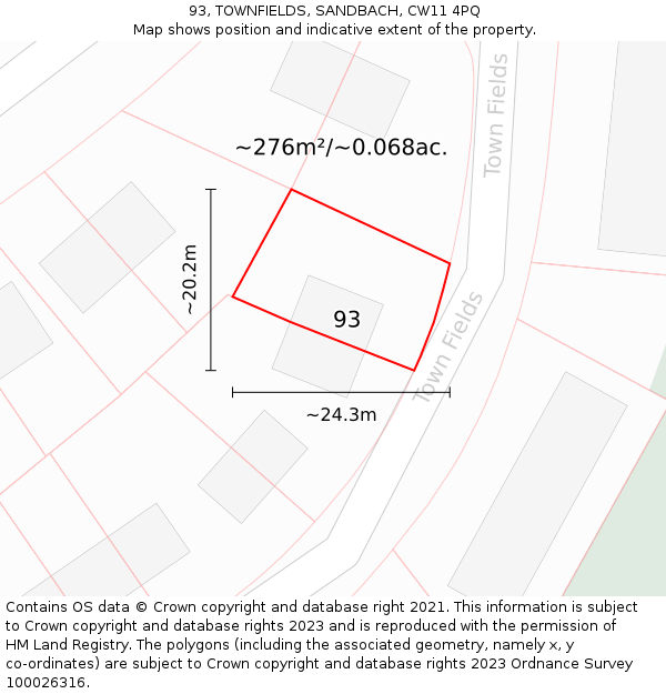 93, TOWNFIELDS, SANDBACH, CW11 4PQ: Plot and title map