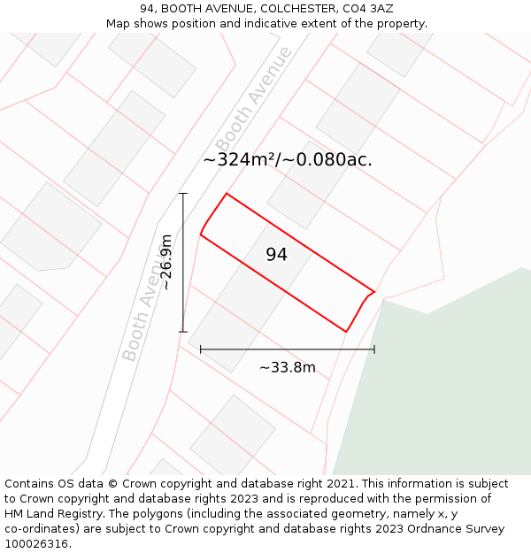94, BOOTH AVENUE, COLCHESTER, CO4 3AZ: Plot and title map
