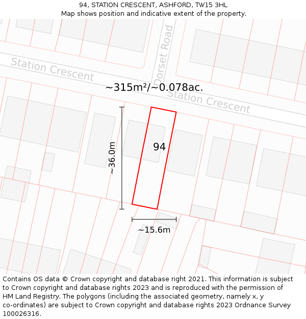94, STATION CRESCENT, ASHFORD, TW15 3HL: Plot and title map