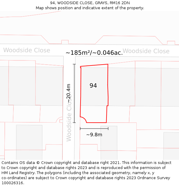 94, WOODSIDE CLOSE, GRAYS, RM16 2DN: Plot and title map