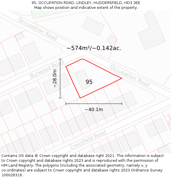 95, OCCUPATION ROAD, LINDLEY, HUDDERSFIELD, HD3 3EE: Plot and title map