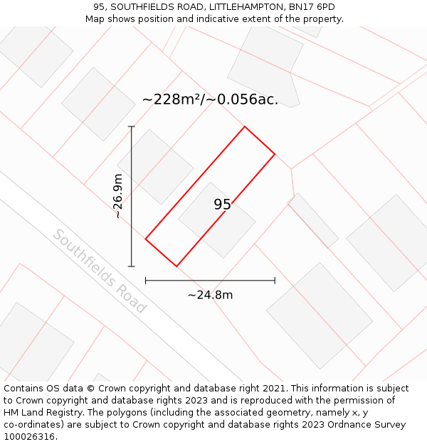 95, SOUTHFIELDS ROAD, LITTLEHAMPTON, BN17 6PD: Plot and title map