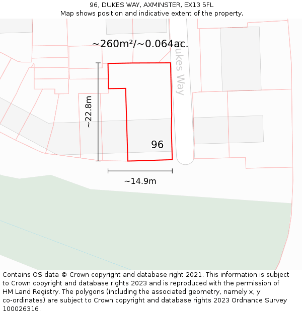 96, DUKES WAY, AXMINSTER, EX13 5FL: Plot and title map