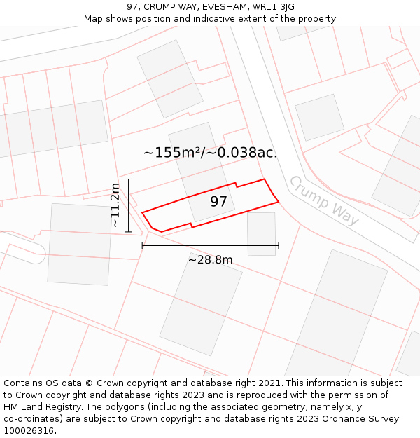 97, CRUMP WAY, EVESHAM, WR11 3JG: Plot and title map