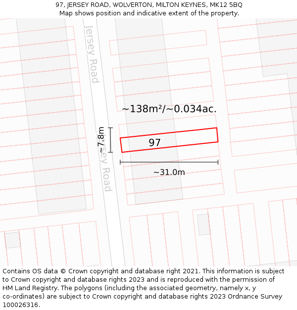 97, JERSEY ROAD, WOLVERTON, MILTON KEYNES, MK12 5BQ: Plot and title map
