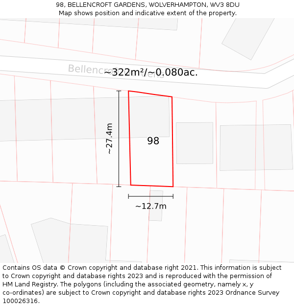 98, BELLENCROFT GARDENS, WOLVERHAMPTON, WV3 8DU: Plot and title map