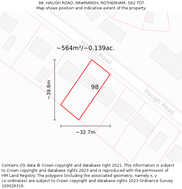 98, HAUGH ROAD, RAWMARSH, ROTHERHAM, S62 7DT: Plot and title map