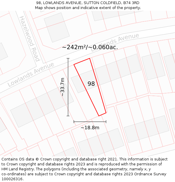 98, LOWLANDS AVENUE, SUTTON COLDFIELD, B74 3RD: Plot and title map