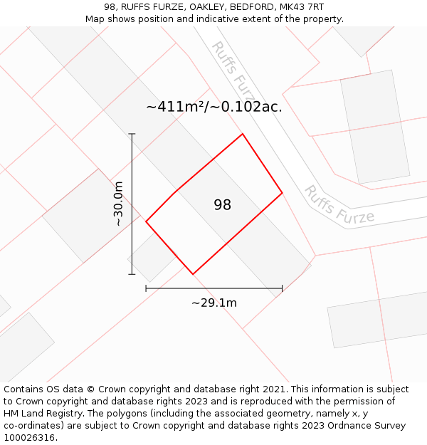 98, RUFFS FURZE, OAKLEY, BEDFORD, MK43 7RT: Plot and title map